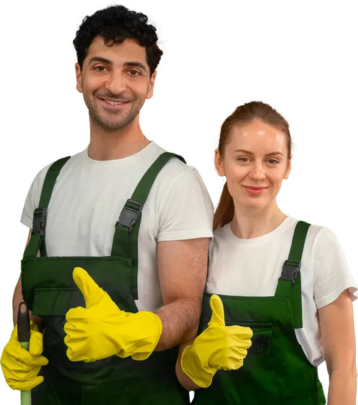 A man and a woman wearing green overalls and yellow gloves are giving a thumbs up