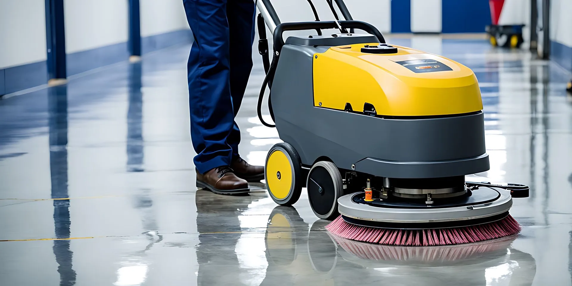 A man is using a machine to clean the floor of a building.