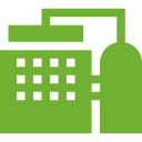 A green icon of a building and a mouse on a white background.