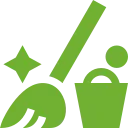 A green icon of a broom and bucket on a white background.