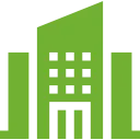 A green icon of a building with squares on it on a white background.