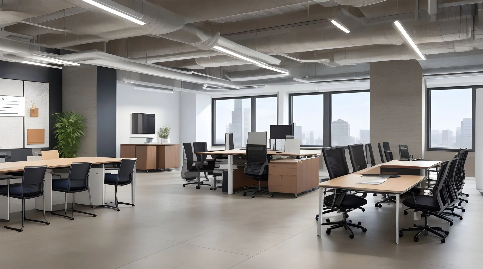 An empty office with tables and chairs and a lot of windows.